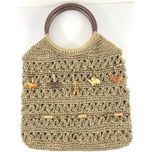 Capelli Straworld Purse Tote Macrame Carved Wood Animals Beads Embellishment
